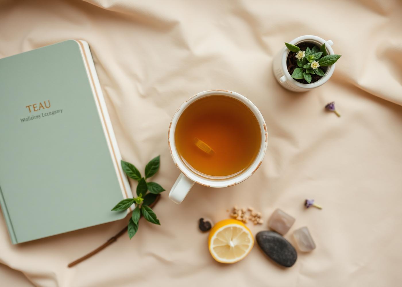 Wellness flat lay: tea, journal, plant, herbs