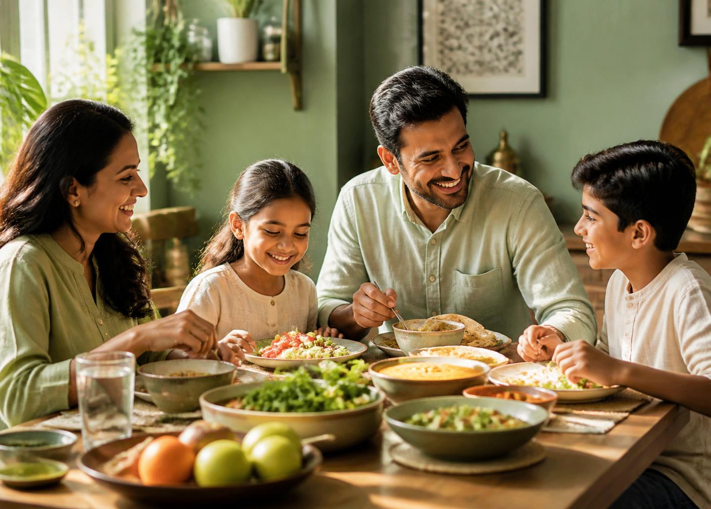 An Indian family sharing a healthy home-cooked meal together