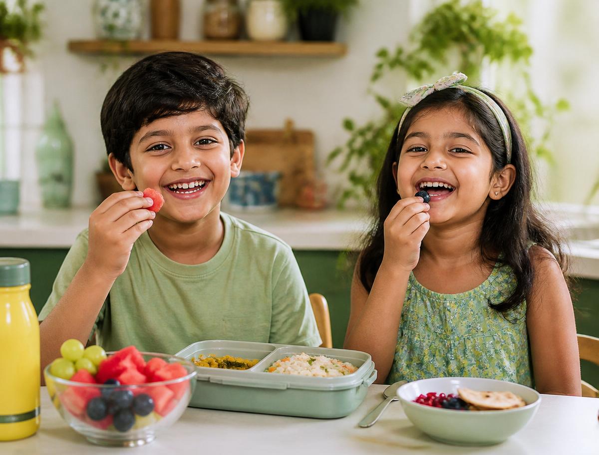 Two happy Indian children eating fresh fruits and a healthy lunch