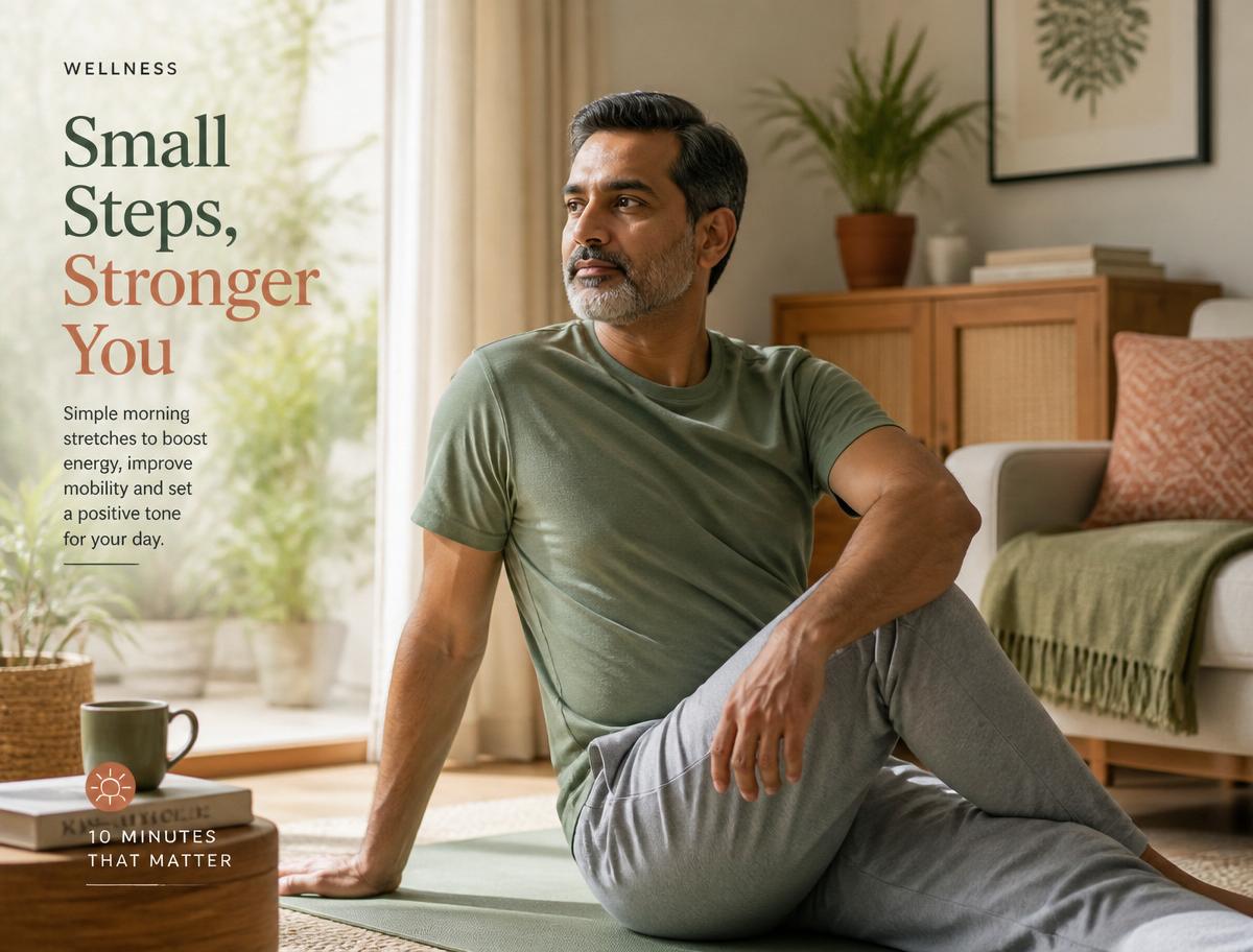 Indian man doing simple morning stretches at home