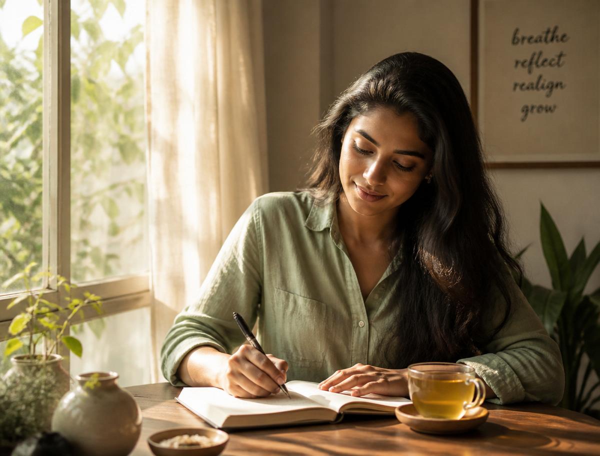 A calm woman journaling by a sunny window with herbal tea